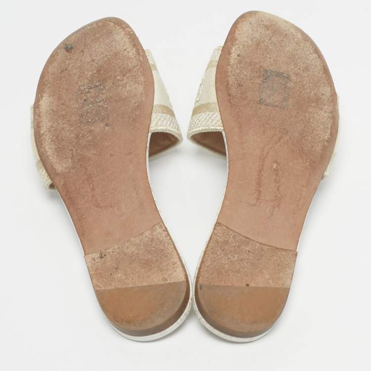 Pre Owned Dior Gold/Cream Embroidered Canvas Dway Flat Slide Size 38
