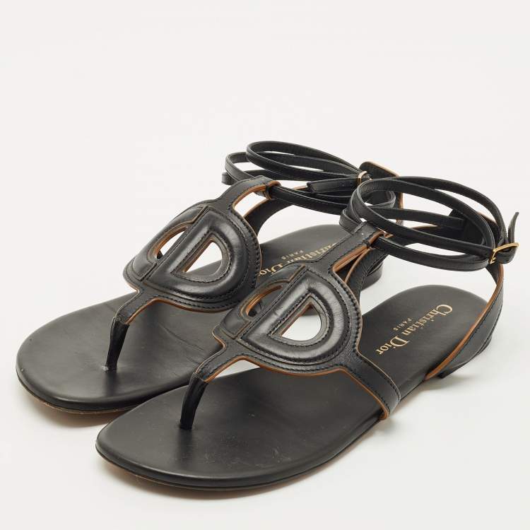 Pre Owned Dior Black Leather D-Club Flat Sandals Size 38.5