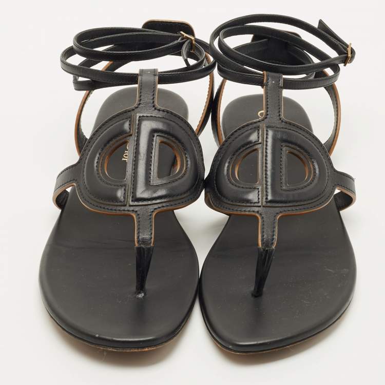 Pre Owned Dior Black Leather D-Club Flat Sandals Size 38.5