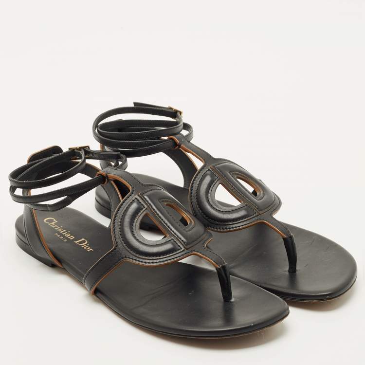 Pre Owned Dior Black Leather D-Club Flat Sandals Size 38.5