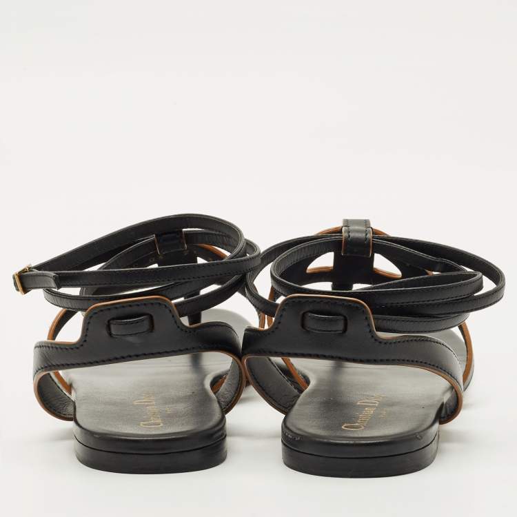Pre Owned Dior Black Leather D-Club Flat Sandals Size 38.5