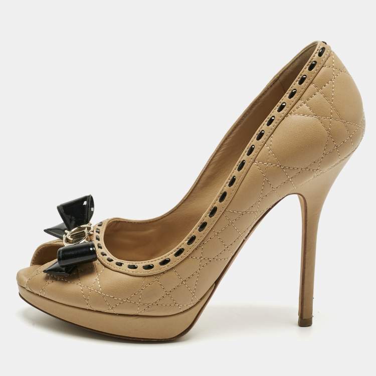 Pre Owned Dior Beige Cannage Leather Bow Peep Toe Pumps Size 36.5