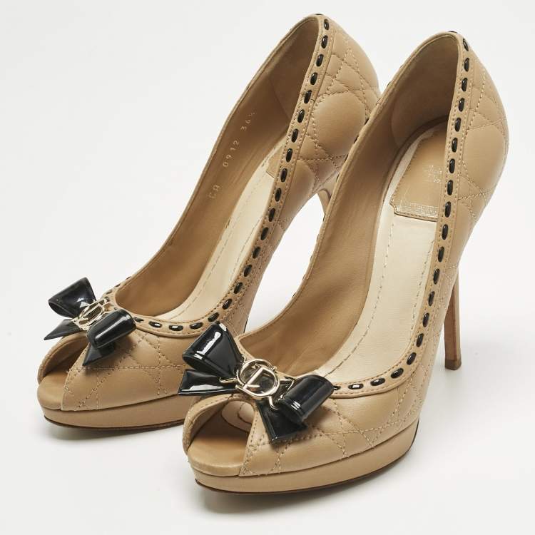 Pre Owned Dior Beige Cannage Leather Bow Peep Toe Pumps Size 36.5