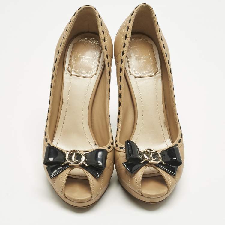 Pre Owned Dior Beige Cannage Leather Bow Peep Toe Pumps Size 36.5