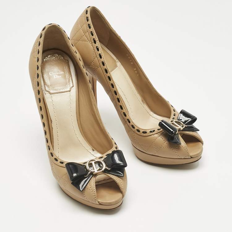 Pre Owned Dior Beige Cannage Leather Bow Peep Toe Pumps Size 36.5