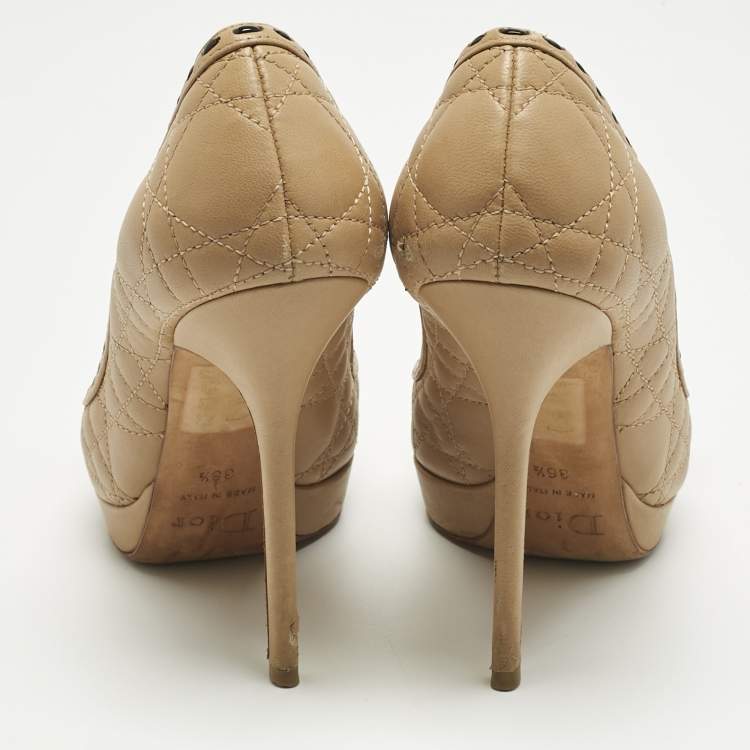 Pre Owned Dior Beige Cannage Leather Bow Peep Toe Pumps Size 36.5