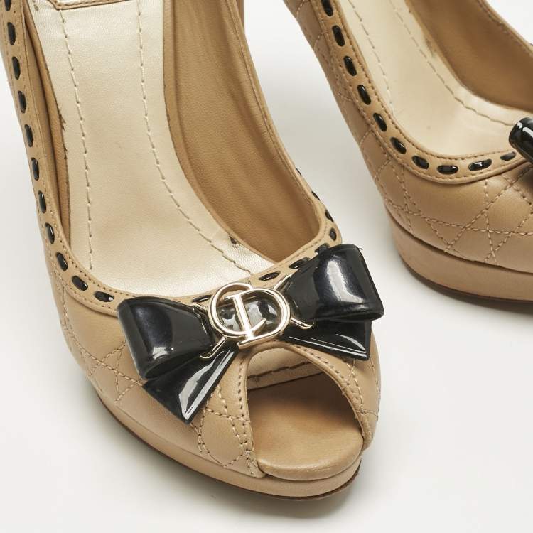 Pre Owned Dior Beige Cannage Leather Bow Peep Toe Pumps Size 36.5
