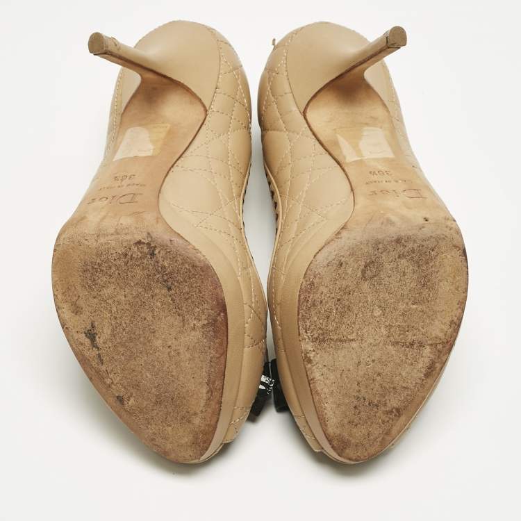 Pre Owned Dior Beige Cannage Leather Bow Peep Toe Pumps Size 36.5