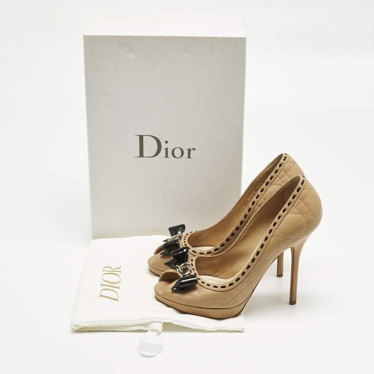 Pre Owned Dior Beige Cannage Leather Bow Peep Toe Pumps Size 36.5
