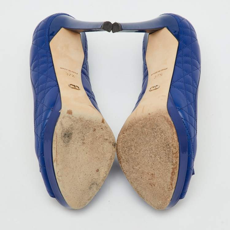 Pre Owned Dior Blue Cannage Leather and Patent Leather Bow Peep Toe Platform Pumps Size 37.5