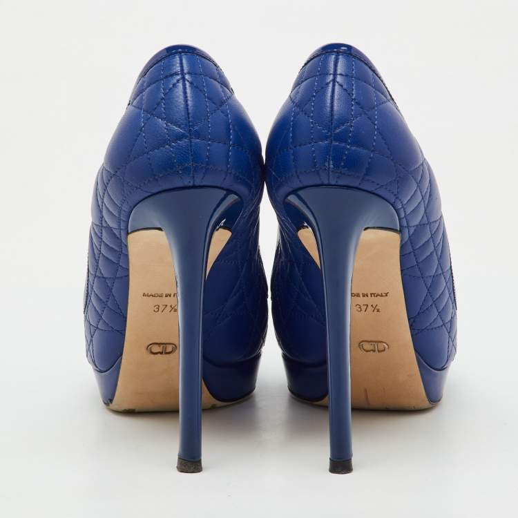 Pre Owned Dior Blue Cannage Leather and Patent Leather Bow Peep Toe Platform Pumps Size 37.5