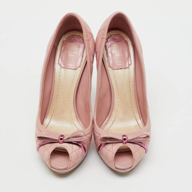Pre Owned Dior Light Pink Cannage Leather and Patent Leather Bow Peep Toe Platform Pumps Size 37