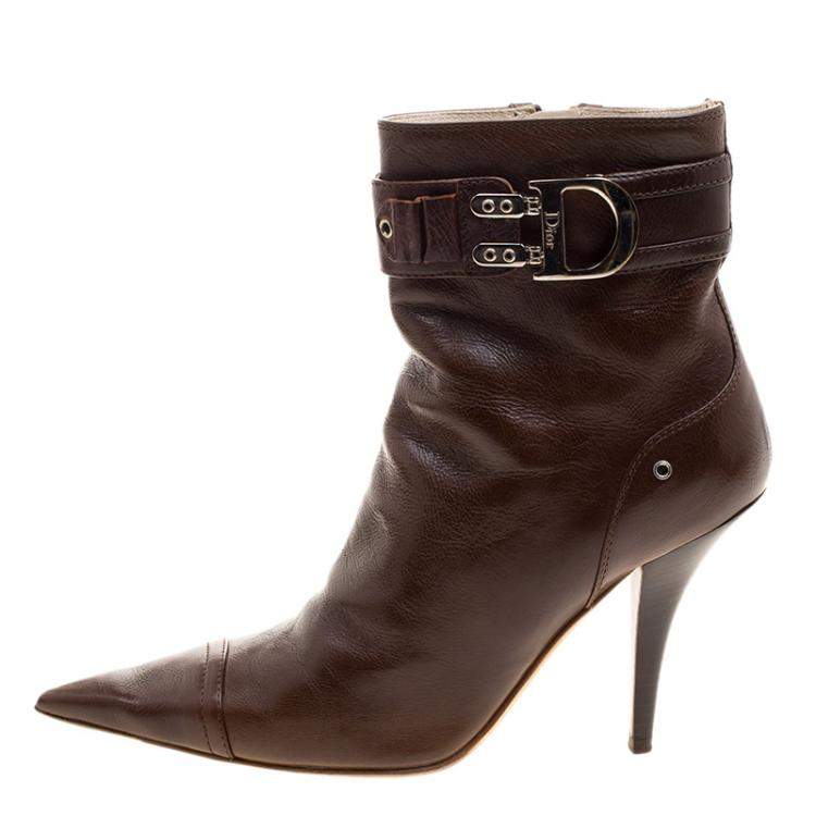 Pre Owned Dior Brown Leather Buckle Detail Pointed Toe Ankle Boots Size 37