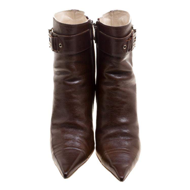 Pre Owned Dior Brown Leather Buckle Detail Pointed Toe Ankle Boots Size 37