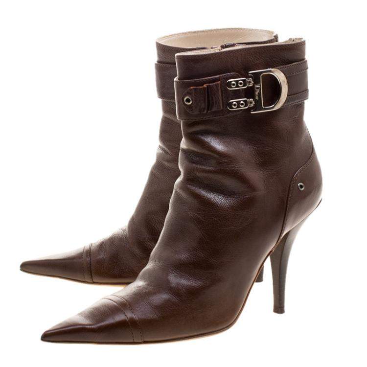 Pre Owned Dior Brown Leather Buckle Detail Pointed Toe Ankle Boots Size 37