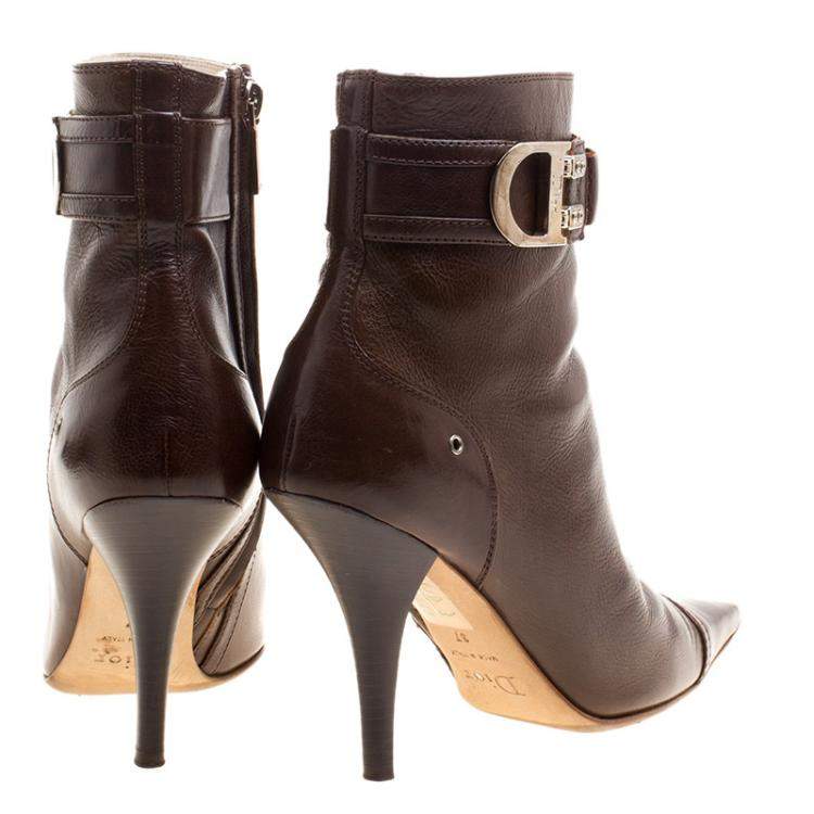 Pre Owned Dior Brown Leather Buckle Detail Pointed Toe Ankle Boots Size 37