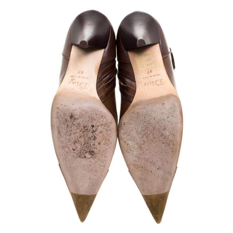 Pre Owned Dior Brown Leather Buckle Detail Pointed Toe Ankle Boots Size 37