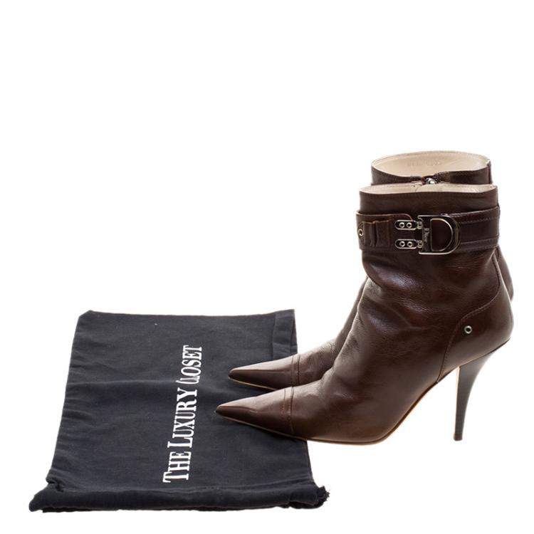 Pre Owned Dior Brown Leather Buckle Detail Pointed Toe Ankle Boots Size 37