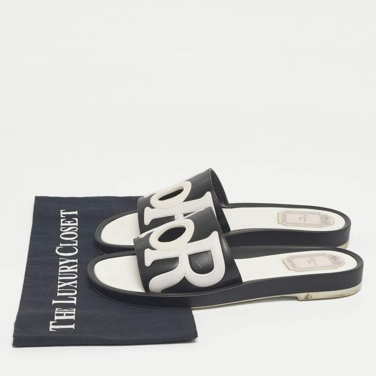 Pre Owned Dior Black/White Leather Marina Flat Slides Size 37
