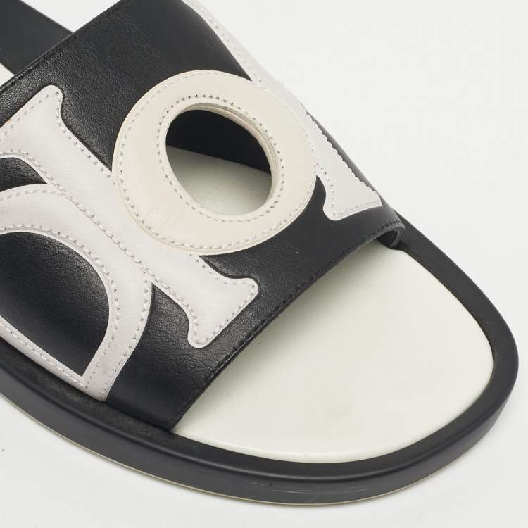 Pre Owned Dior Black/White Leather Marina Flat Slides Size 37