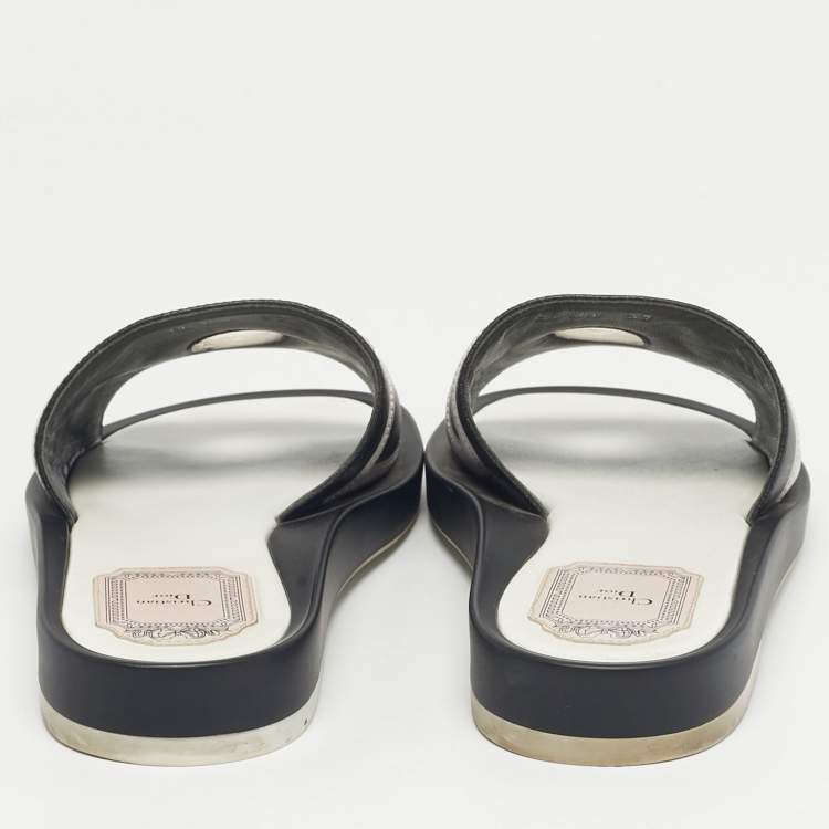 Pre Owned Dior Black/White Leather Marina Flat Slides Size 37