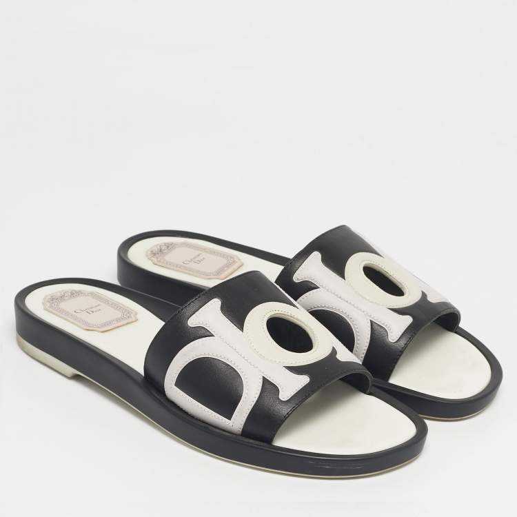 Pre Owned Dior Black/White Leather Marina Flat Slides Size 37