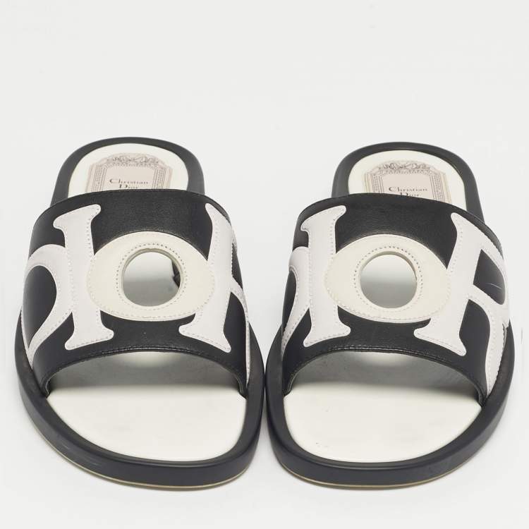 Pre Owned Dior Black/White Leather Marina Flat Slides Size 37