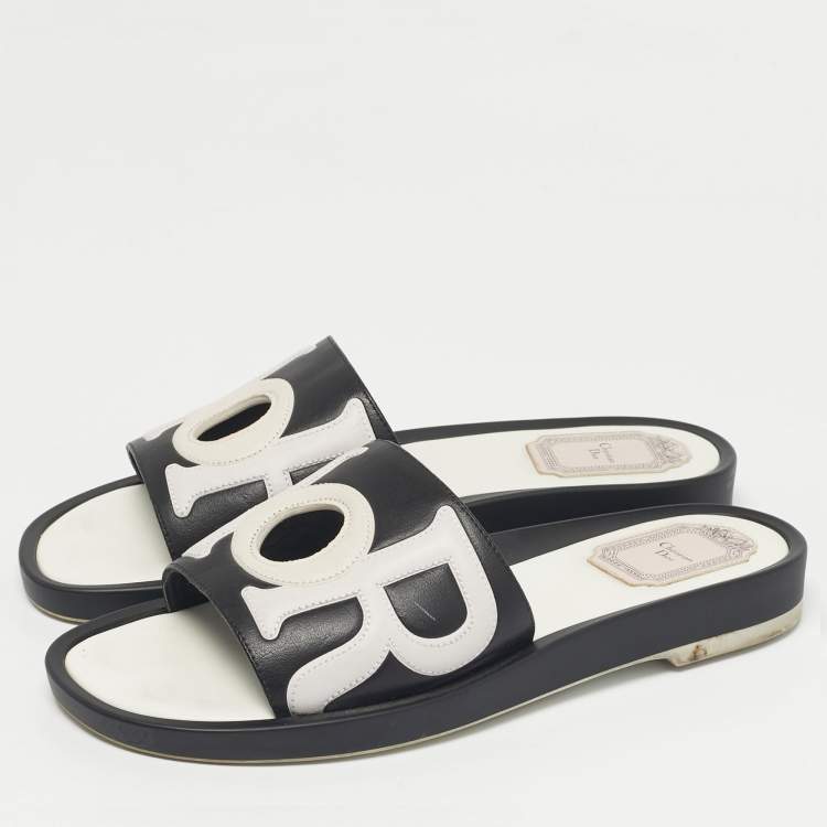 Pre Owned Dior Black/White Leather Marina Flat Slides Size 37