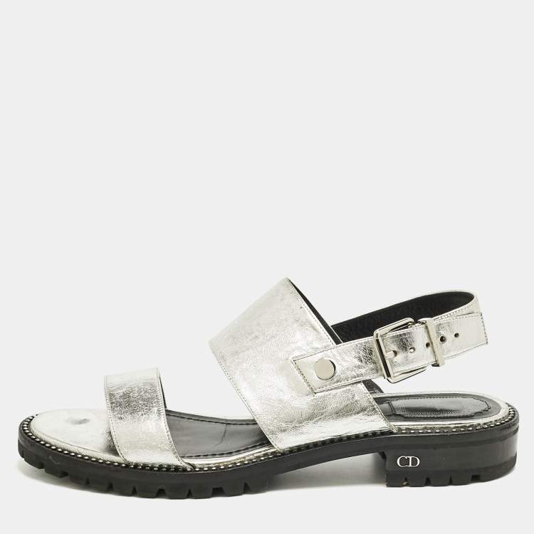 Pre Owned Dior Silver Foil Leather Wanted Slingback Sandals Size 41