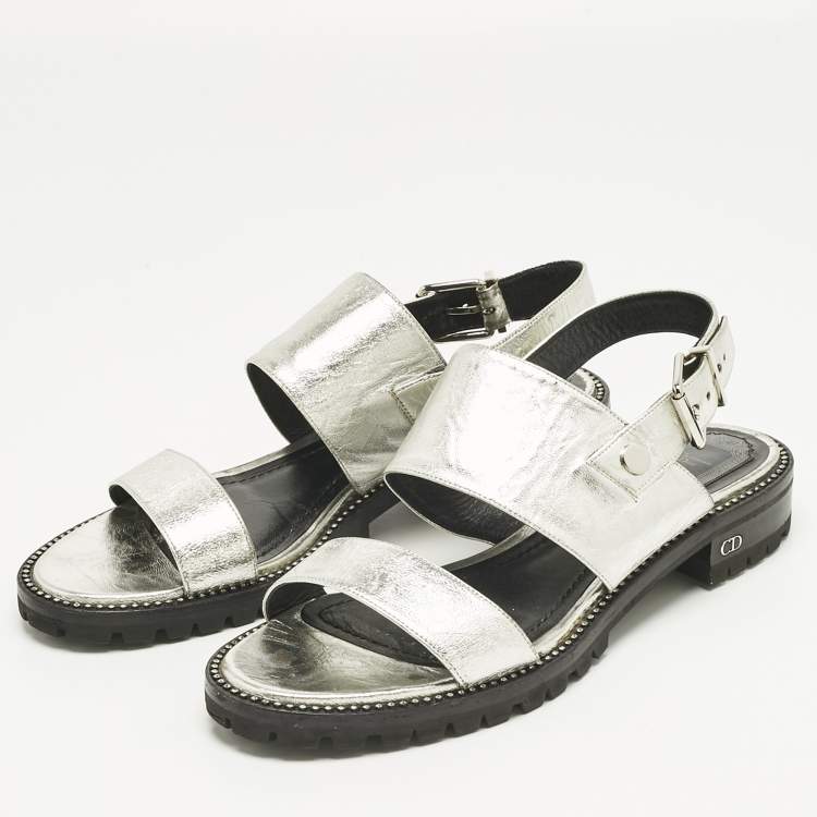 Pre Owned Dior Silver Foil Leather Wanted Slingback Sandals Size 41