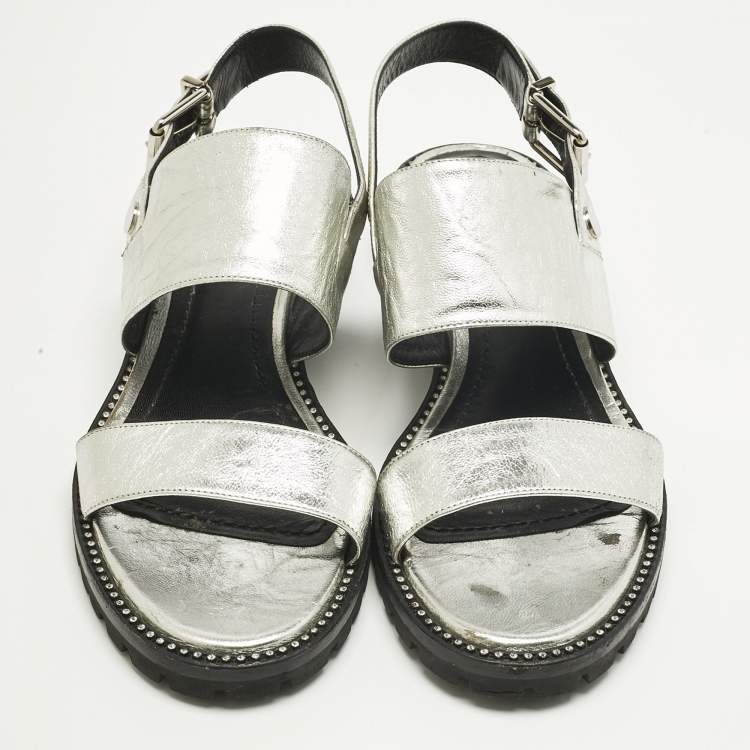 Pre Owned Dior Silver Foil Leather Wanted Slingback Sandals Size 41
