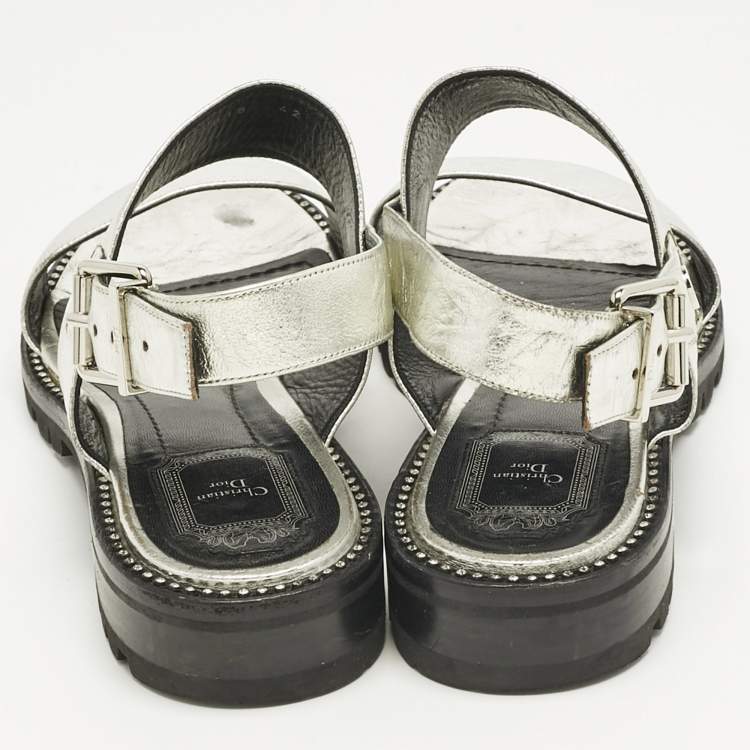 Pre Owned Dior Silver Foil Leather Wanted Slingback Sandals Size 41