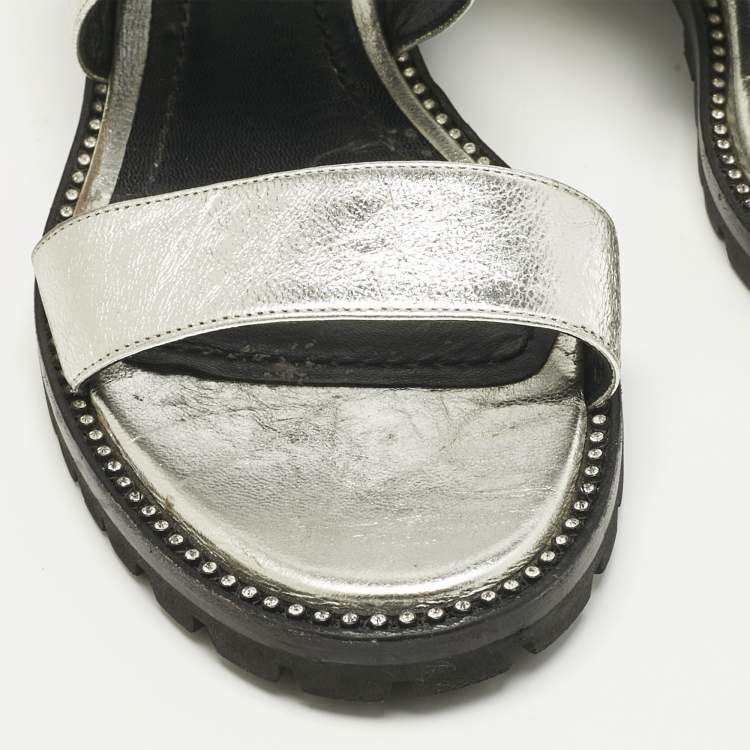 Pre Owned Dior Silver Foil Leather Wanted Slingback Sandals Size 41