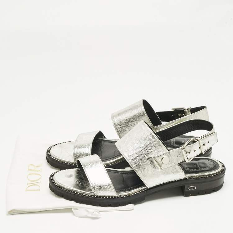 Pre Owned Dior Silver Foil Leather Wanted Slingback Sandals Size 41
