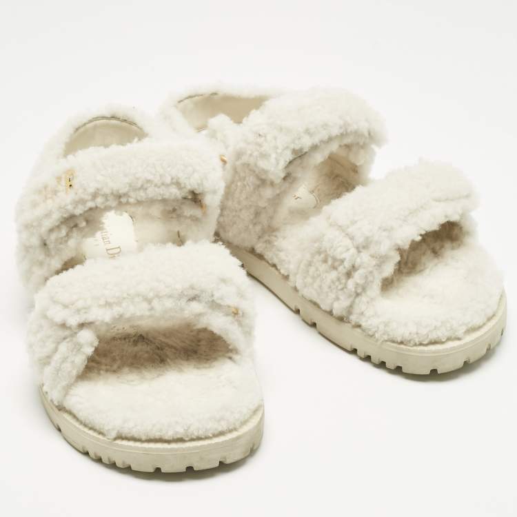Pre Owned Dior White Shearling DiorAct Flat Sandals Size 37
