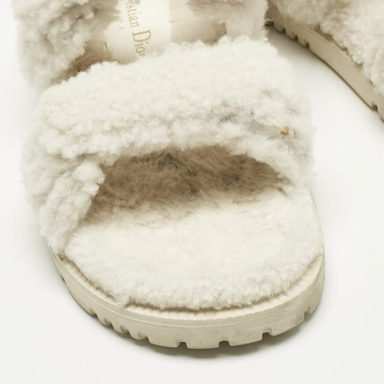 Pre Owned Dior White Shearling DiorAct Flat Sandals Size 37