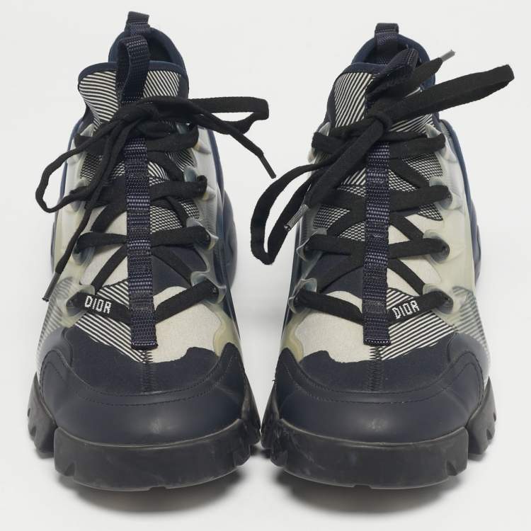 Pre Owned Dior Navy Blue Knit Fabric and PVC D-Connect Lace Up Sneakers Size 39