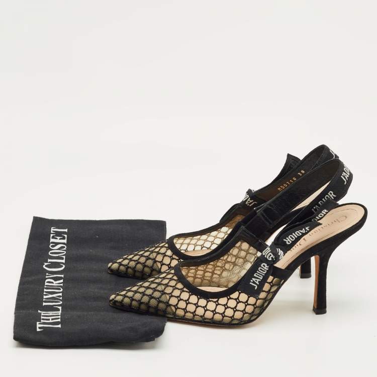 Pre Owned Dior Black/Beige Mesh and Suede J'Adior Slingback Pumps Size 38