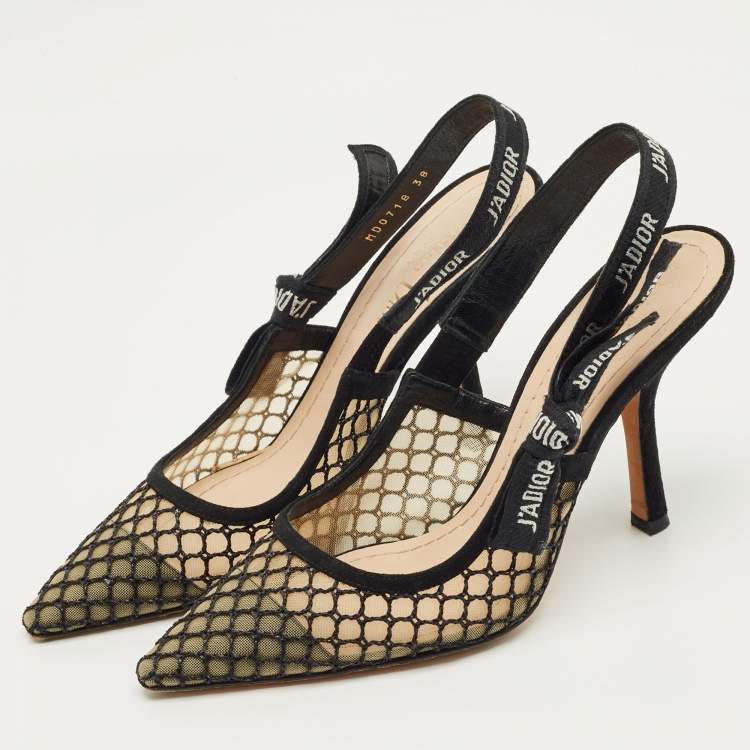 Pre Owned Dior Black/Beige Mesh and Suede J'Adior Slingback Pumps Size 38