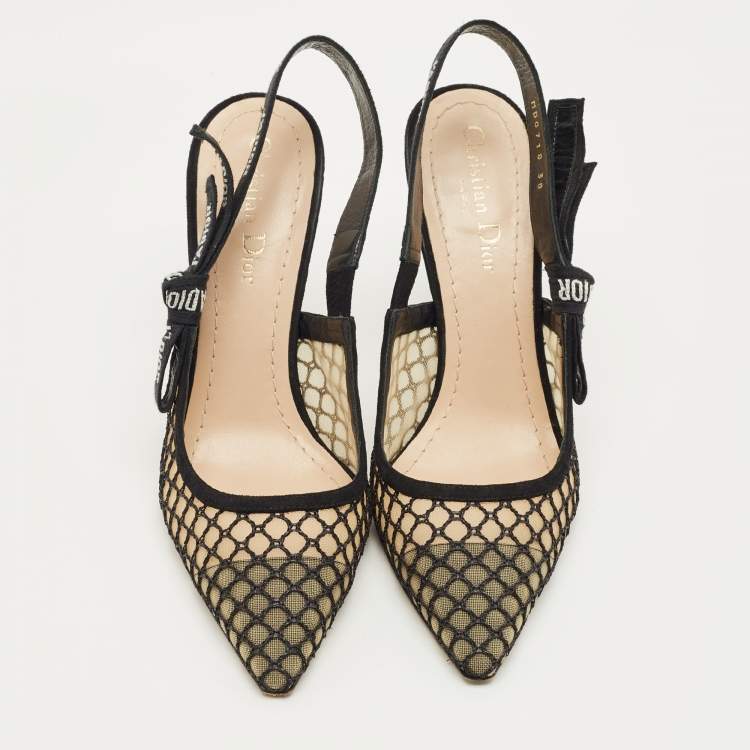 Pre Owned Dior Black/Beige Mesh and Suede J'Adior Slingback Pumps Size 38