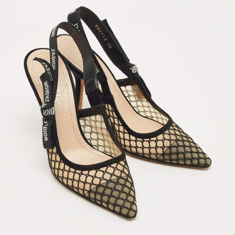 Pre Owned Dior Black/Beige Mesh and Suede J'Adior Slingback Pumps Size 38