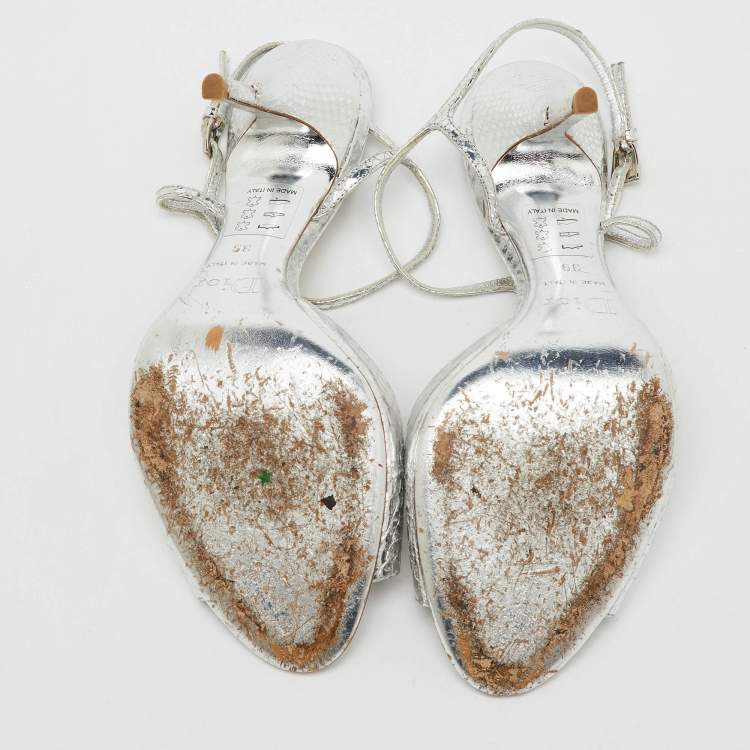 Pre Owned Dior Metallic Silver Python Effect Leather Ankle Strap Sandals Size 39