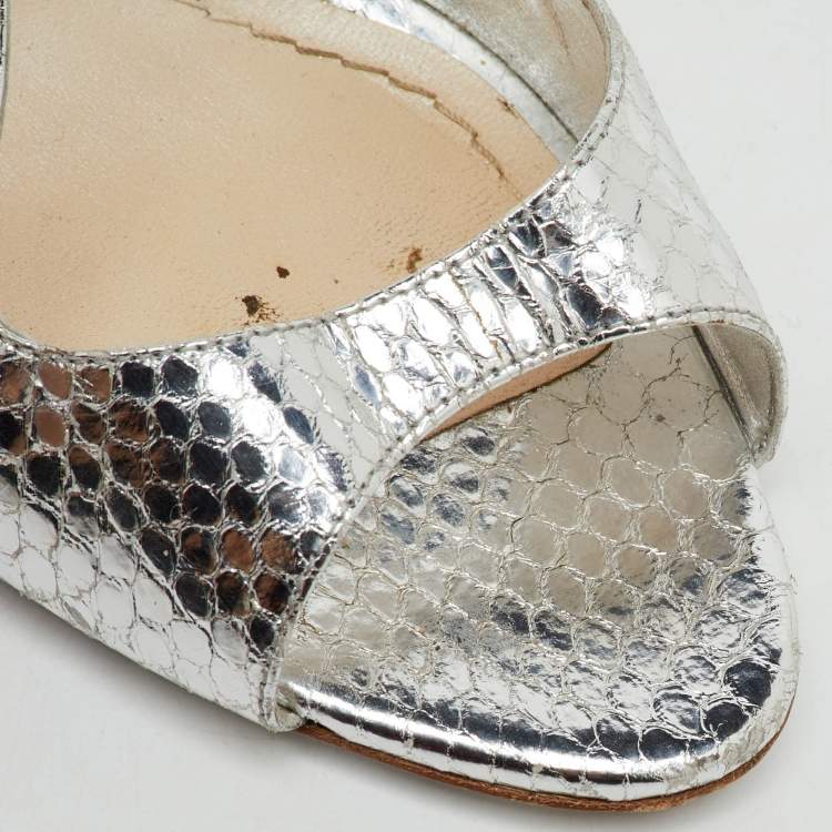 Pre Owned Dior Metallic Silver Python Effect Leather Ankle Strap Sandals Size 39