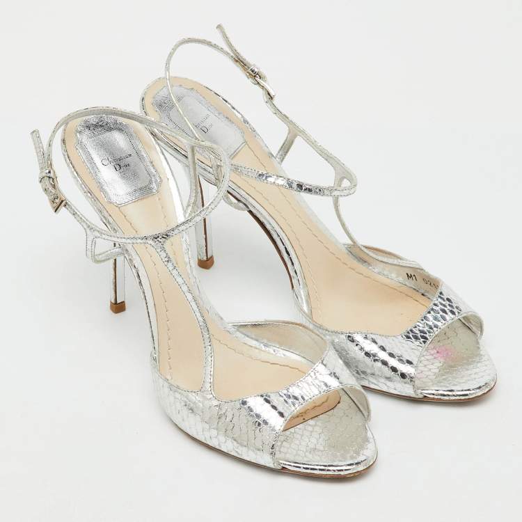 Pre Owned Dior Metallic Silver Python Effect Leather Ankle Strap Sandals Size 39