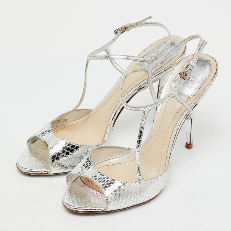 Pre Owned Dior Metallic Silver Python Effect Leather Ankle Strap Sandals Size 39