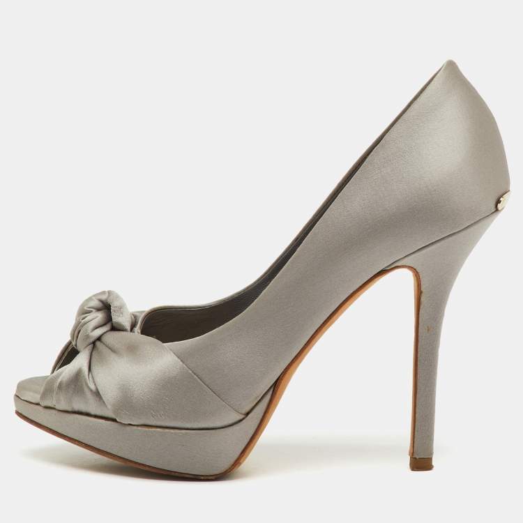Pre Owned Dior Light Grey Satin Knotted Peep Toe Platform Pumps Size 36