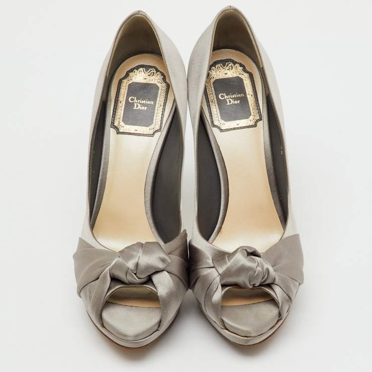Pre Owned Dior Light Grey Satin Knotted Peep Toe Platform Pumps Size 36