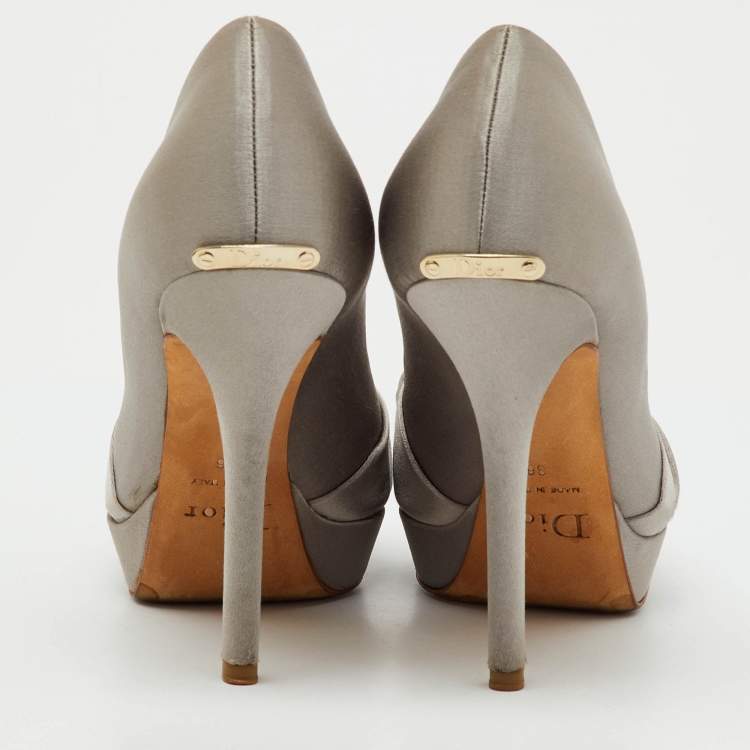 Pre Owned Dior Light Grey Satin Knotted Peep Toe Platform Pumps Size 36