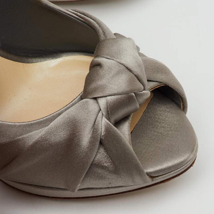 Pre Owned Dior Light Grey Satin Knotted Peep Toe Platform Pumps Size 36