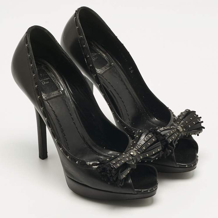 Pre Owned Dior Black Leather Bow Peep Toe Pumps Size 36